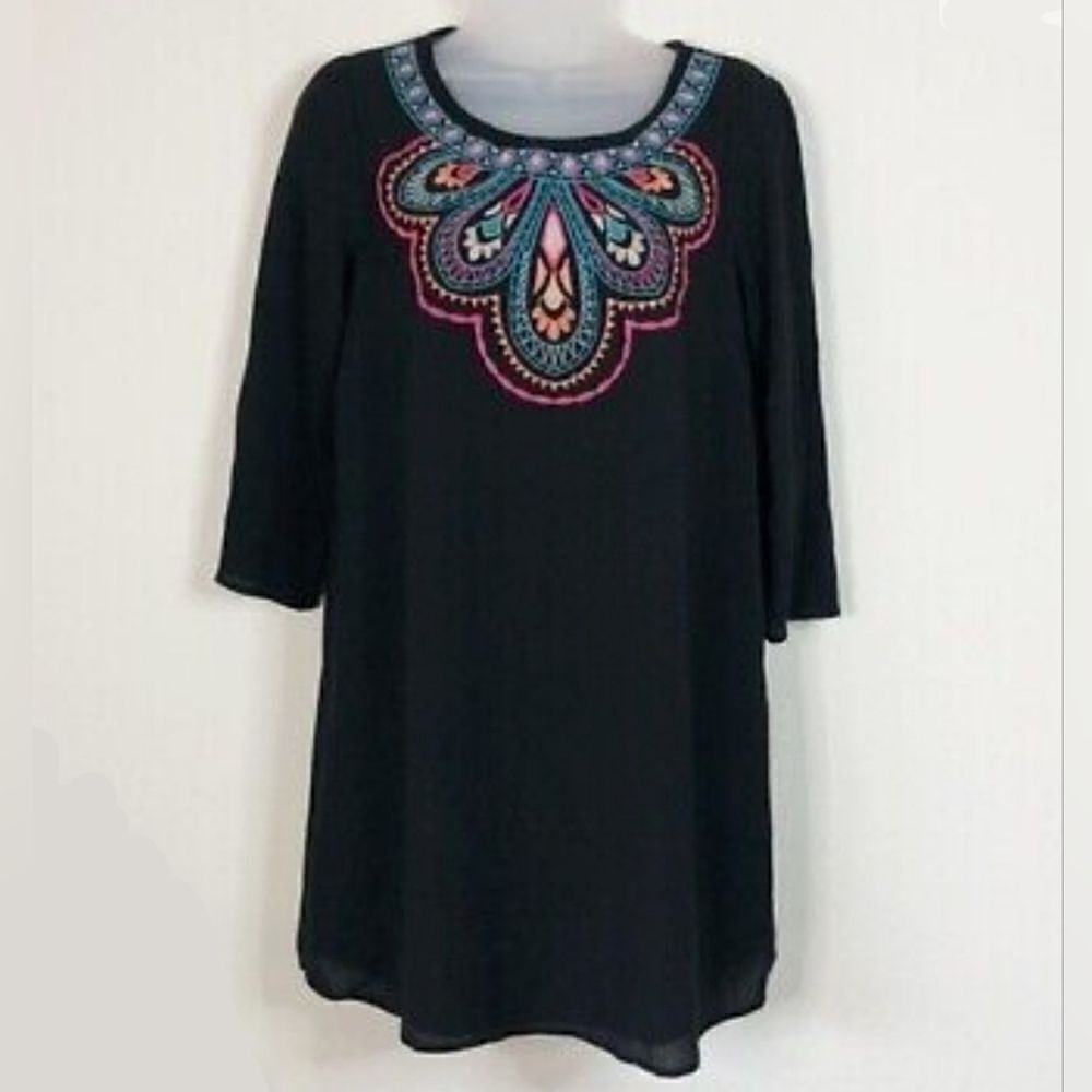 Flying Tomato Boho Embroidered Black Tunic Dress